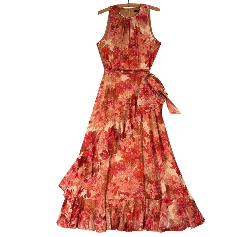 Alex Marie‎ Womens Floral Metallic Ruffle Maxi Dress Red Rust Orange 12 Halter